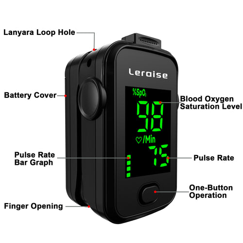 Fingertip Pulse Oximeter, Oxygen Level Pulse Rate, Includes Batteries and Lanyard - Black