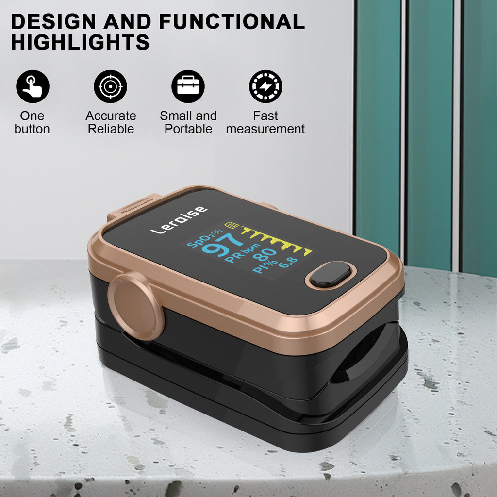 Fingertip Pulse Oximeter for Oxygen Level and Pulse Rate, Batteries and Lanyard Included - Black/Rose Gold