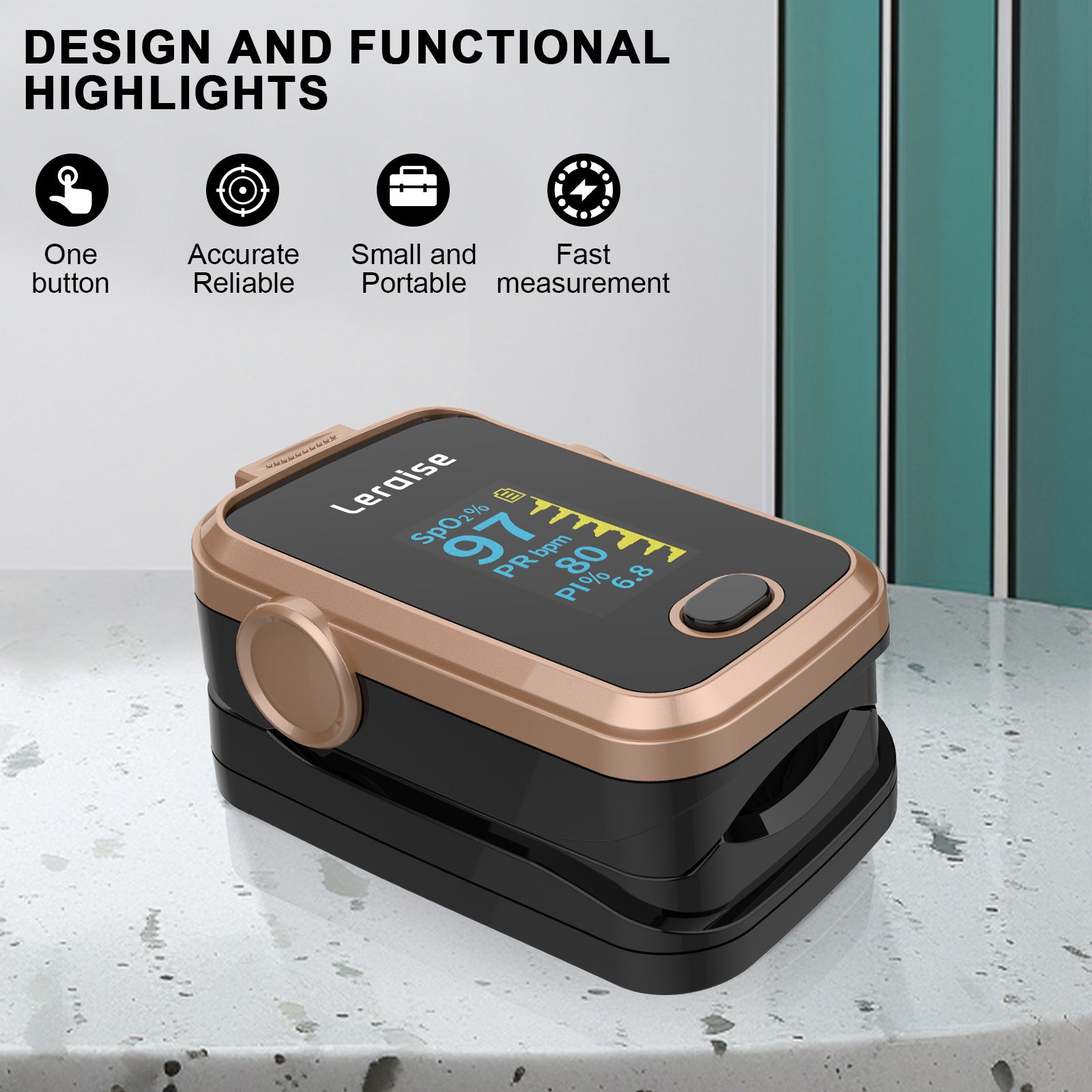 Fingertip Pulse Oximeter for Oxygen Level and Pulse Rate, Batteries and Lanyard Included - Black/Rose Gold