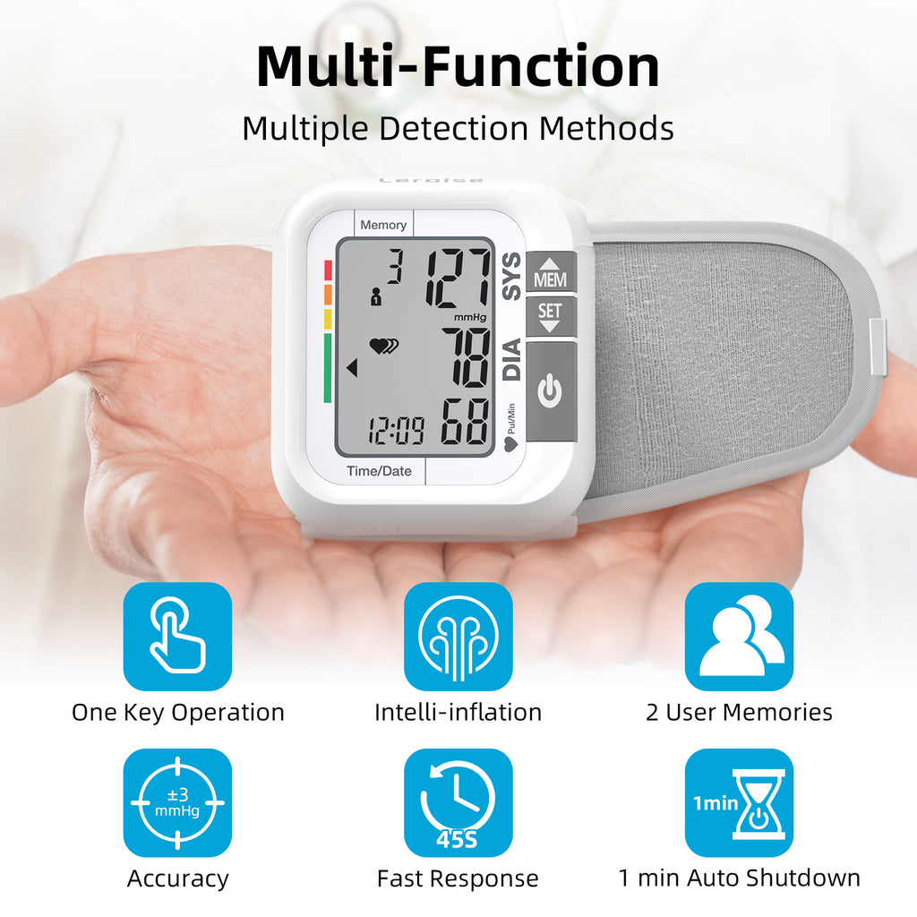 Wrist Blood Pressure Monitor for Home Use, Large LCD Display, 99 x 2 Sets Memory, 1 Carrying Case