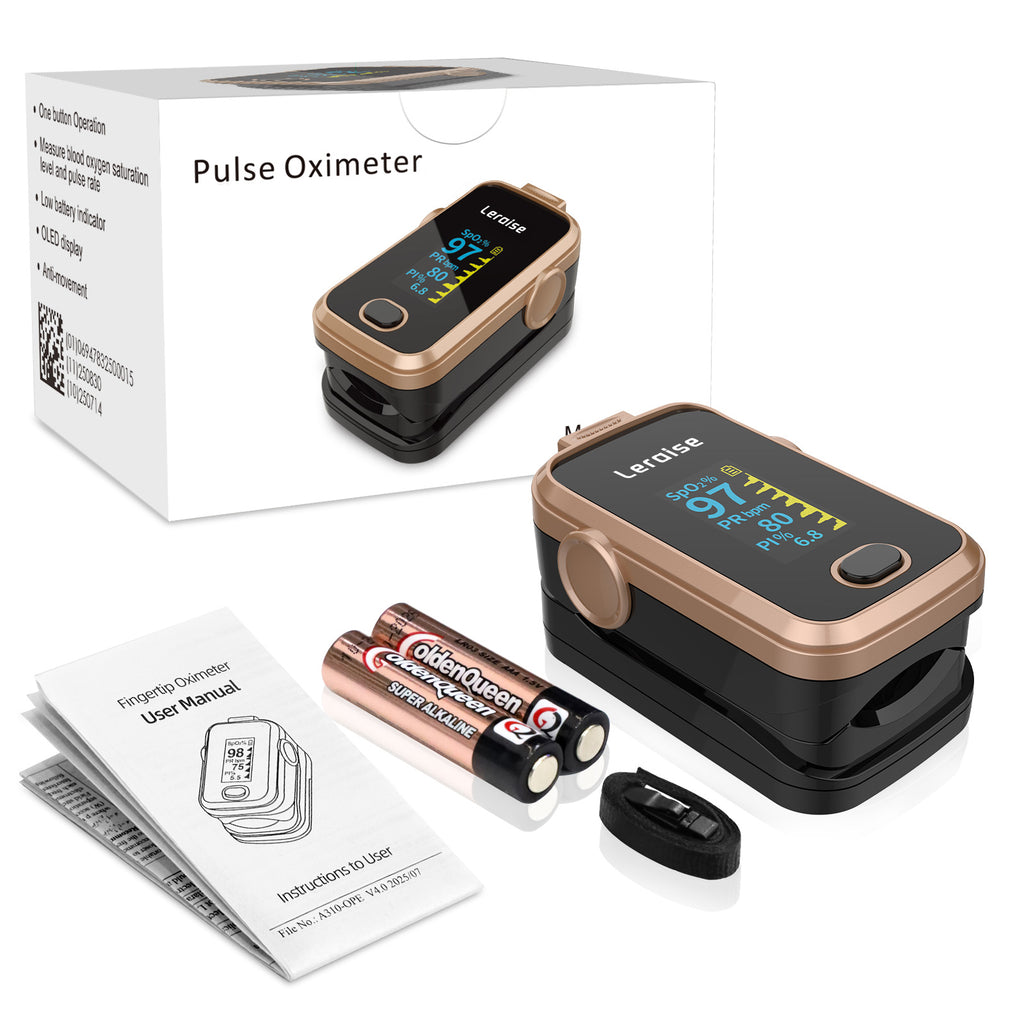 Fingertip Pulse Oximeter for Oxygen Level and Pulse Rate, Batteries and Lanyard Included - Black/Rose Gold