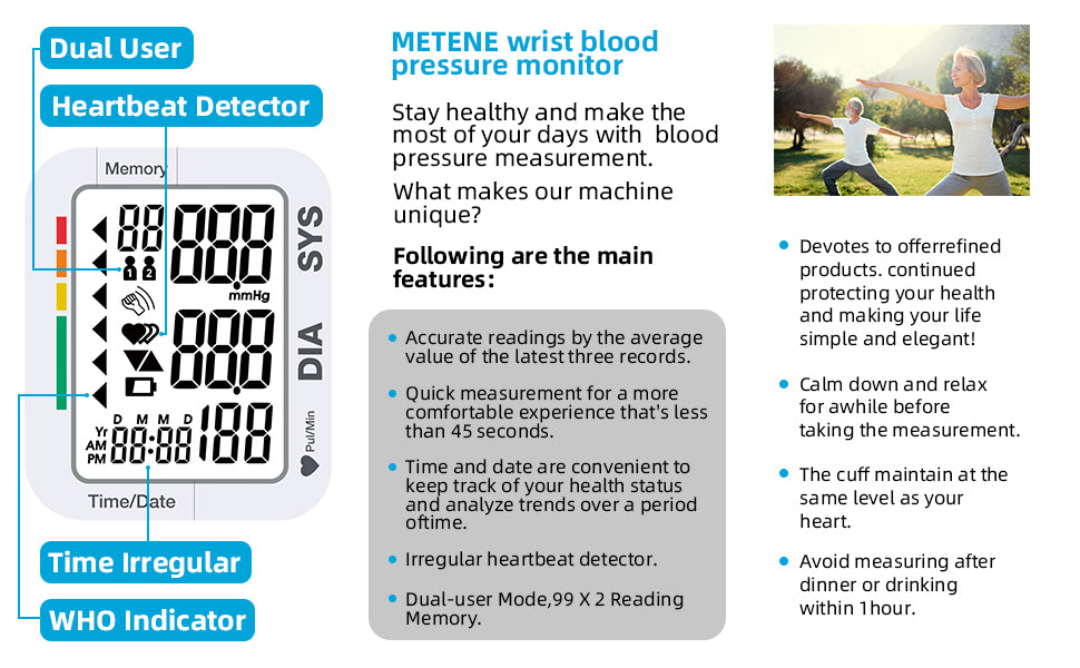 Wrist Blood Pressure Monitor for Home Use, Large LCD Display, 99 x 2 Sets Memory, 1 Carrying Case