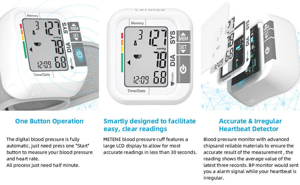 Wrist Blood Pressure Monitor for Home Use, Large LCD Display, 99 x 2 Sets Memory, 1 Carrying Case
